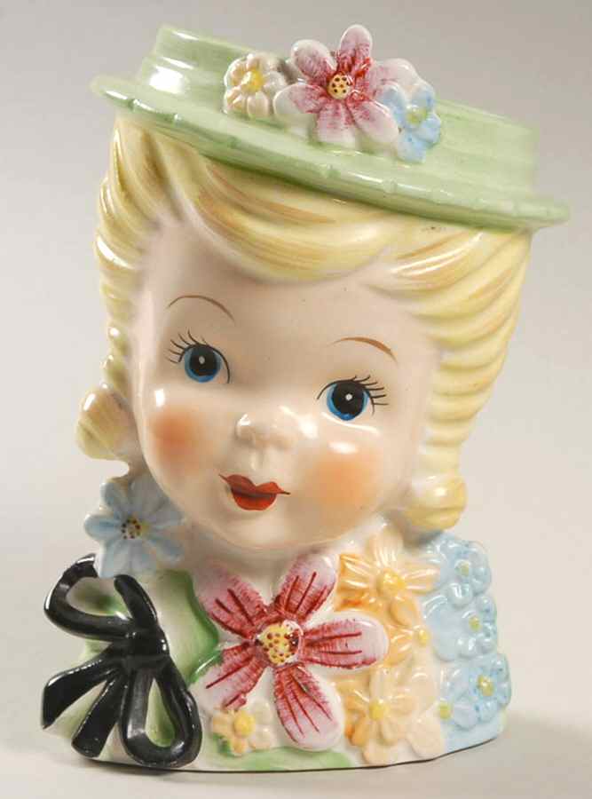 Head Vases Girl Blonde Grn Hat Flrl  - No Box by Japan-1