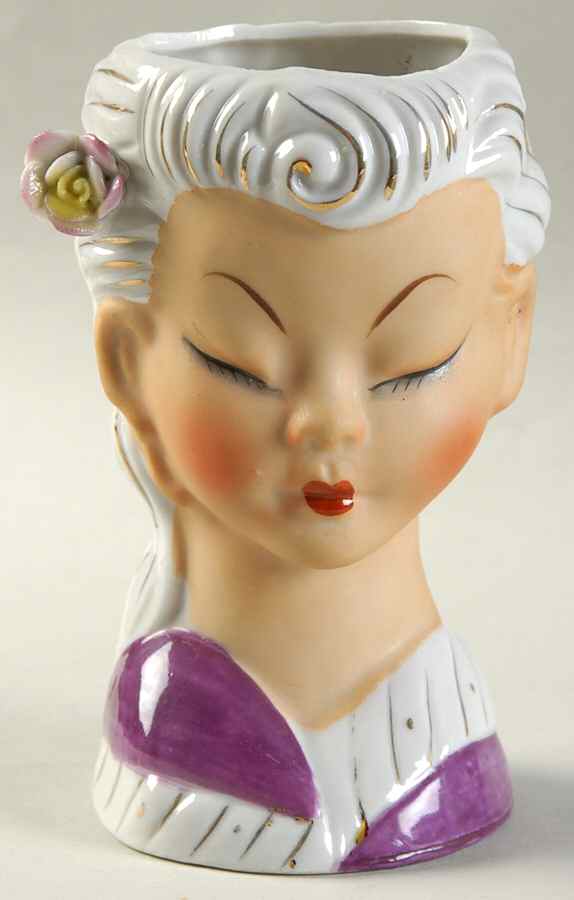 Head Vases Girl Asian Gold/Purple Rose In - No Box by Japan-1