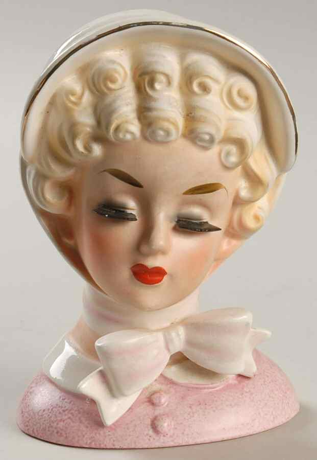 Head Vases Lady Pnk Drs Wht Hat Bow Under - No Box by Japan-1