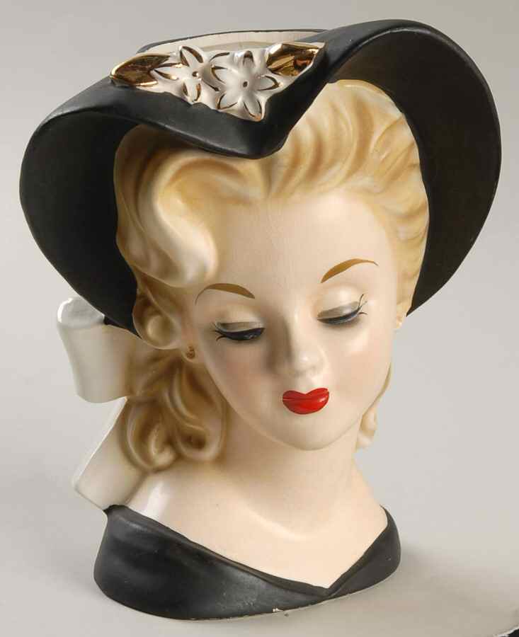 Head Vases Lady Blk Hat/W Flwrs Blk Drs  - No Box by Japan-1