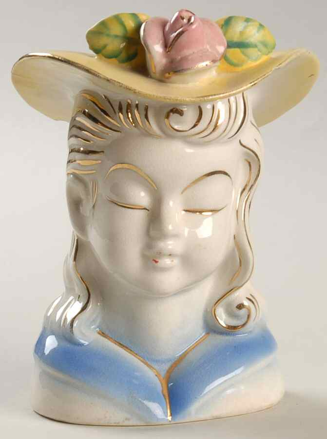 Head Vases Girl Glamour W/Hat Pink Rose - No Box by Japan-1
