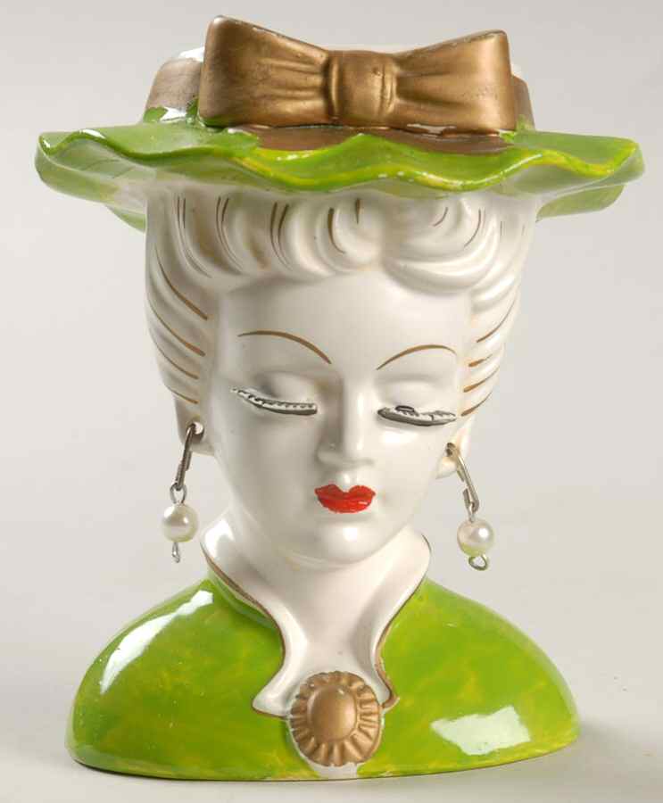 Head Vases Lady Bright Green/Gld Bow/Meda - No Box by Japan-1