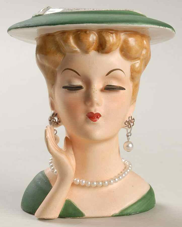 Head Vases Lady Grn/Drs&Hat Pierced Ears - No Box by Japan-1