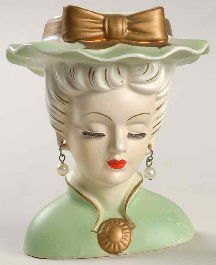 Head Vases Lady Grnw/Gld Bow Pierced Ears - No Box by Japan-1