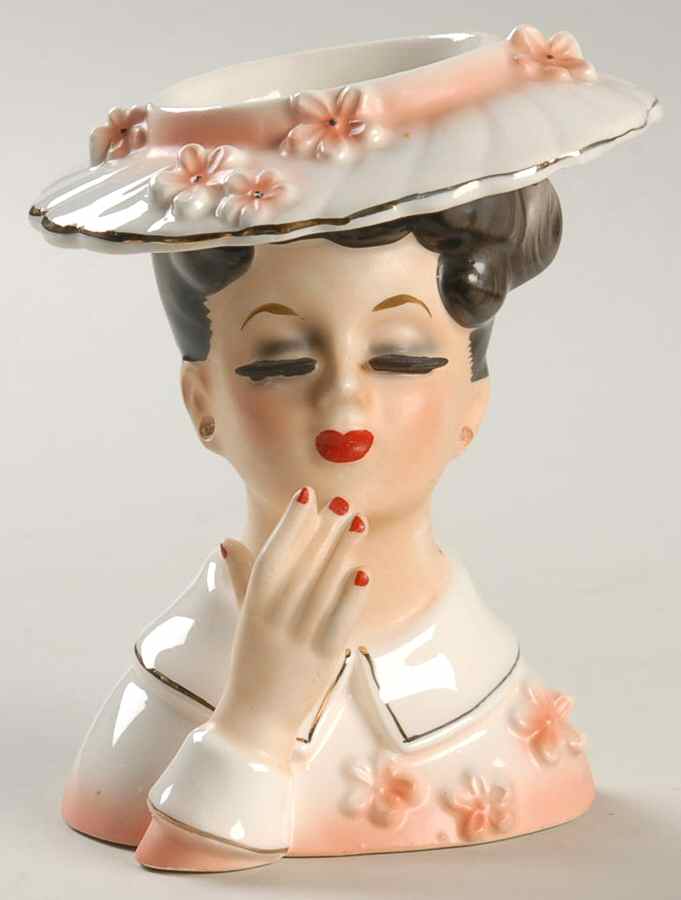 Head Vases Ladybrunette Coralwht Flowers - No Box by Japan-1