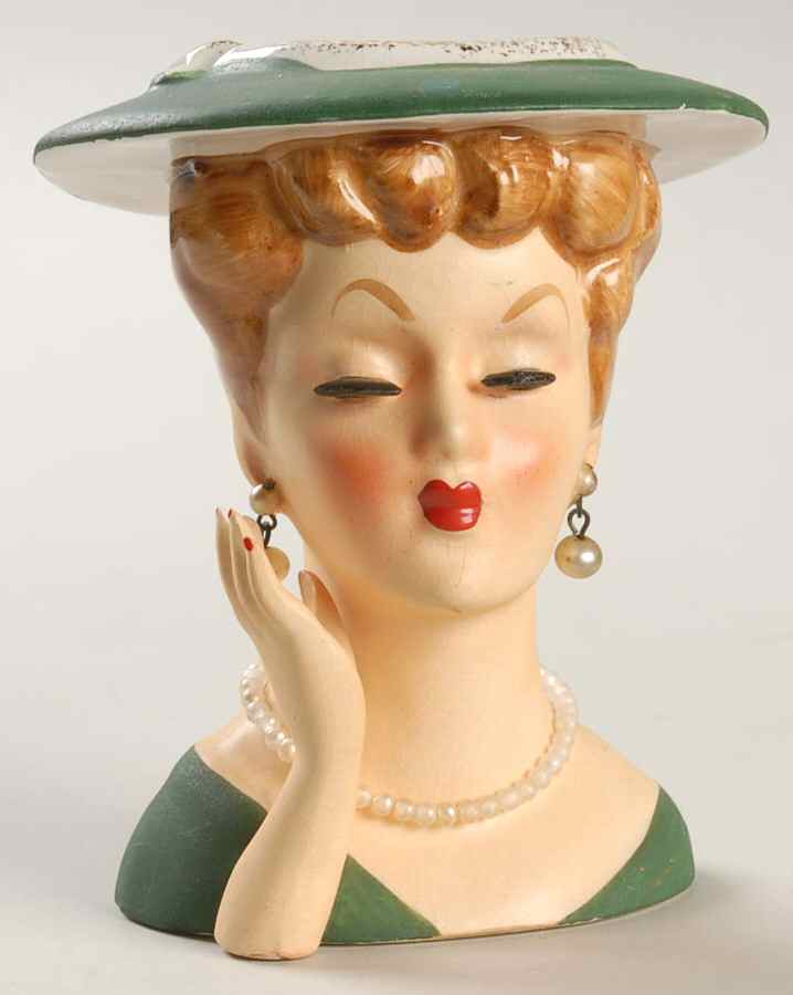 Head Vases Lady Grn/Drs &Hat Hand Up - No Box by Japan-1
