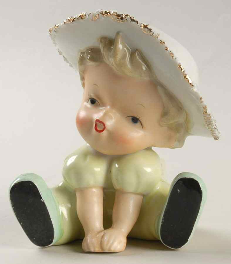 Head Vases Boyblonde Grn /Wht Hat Seated - No Box by Japan-1