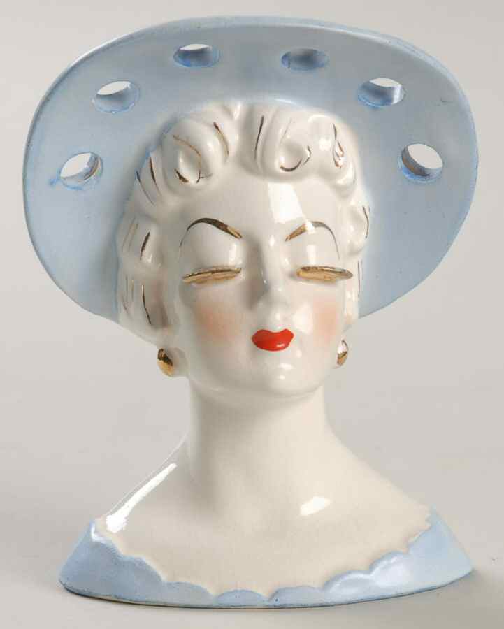 Head Vases Lady Blu/Hat/Drs Gold Lashes - No Box by Japan-1