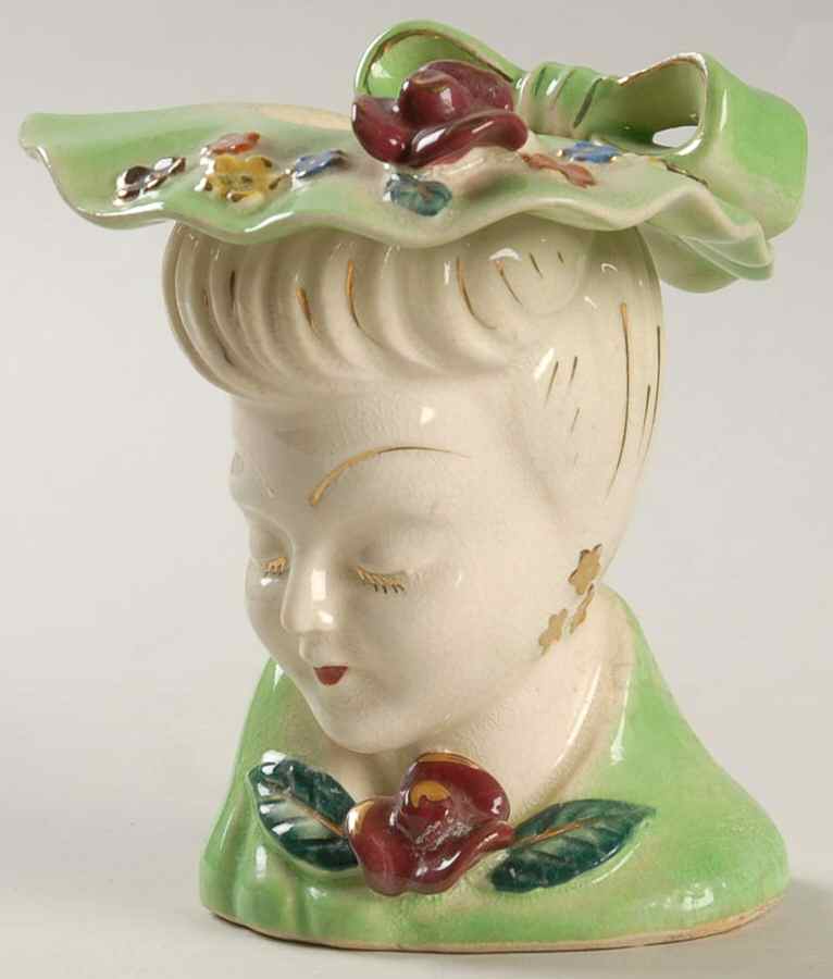 Head Vases Lady Grn Drs/Hat Cntr Rose/Bow - No Box by Japan-1