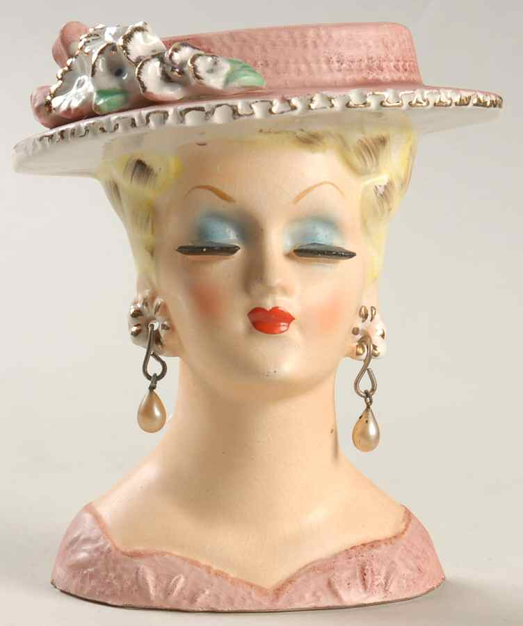 Head Vases Lady Pnk Hat/Drs Pierced Ears - No Box by Japan-1