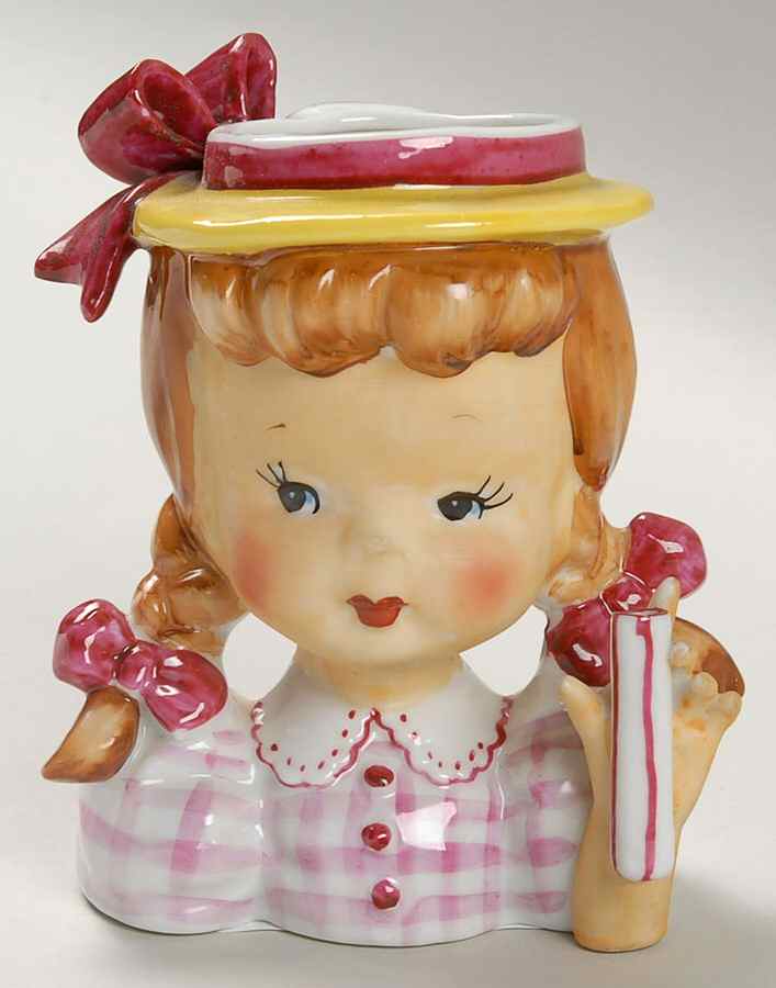 Head Vases Umbrella Girl Ylw Hat Red Chec - No Box by Japan-1