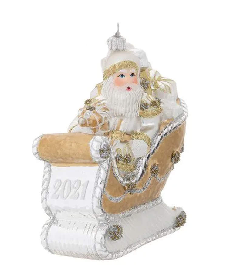 Berry and Thread Annual Ornament Gold & Silver Santa In Sleigh - With Box Bx2021 by Juliska Glassware-1