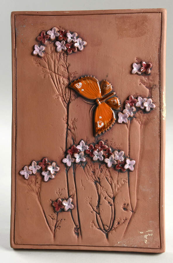 Floral Plaques Orange Butterfly, Pink Flowers - No Box by Jie Ceramics-1