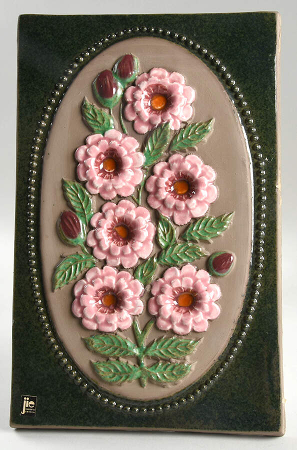 Floral Plaques Pink Flowers,Burgundy Buds - No Box by Jie Ceramics-1