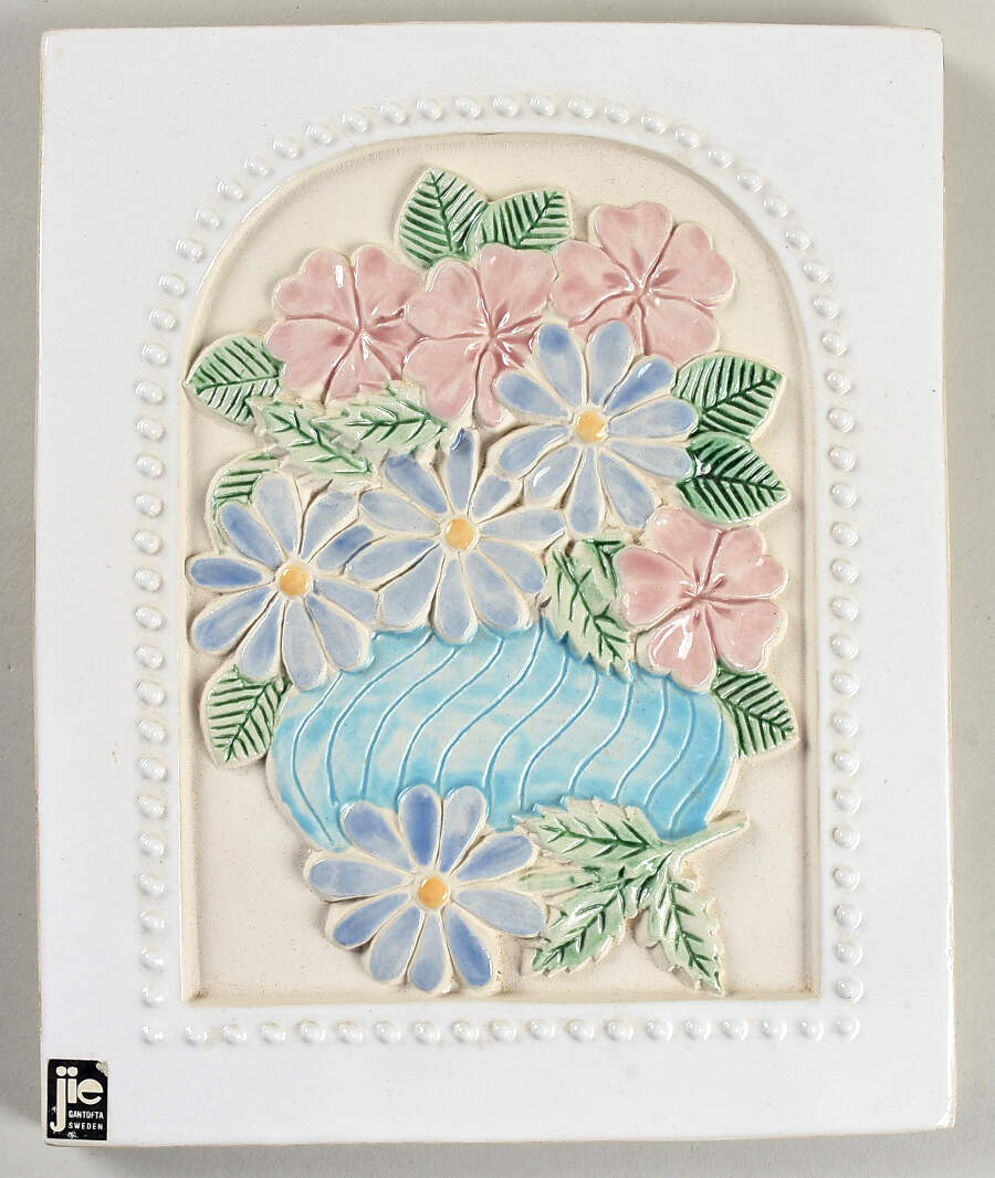 Floral Plaques Aqua Vase,Pink & Blue Flower-White Tile - No Box by Jie Ceramics-1