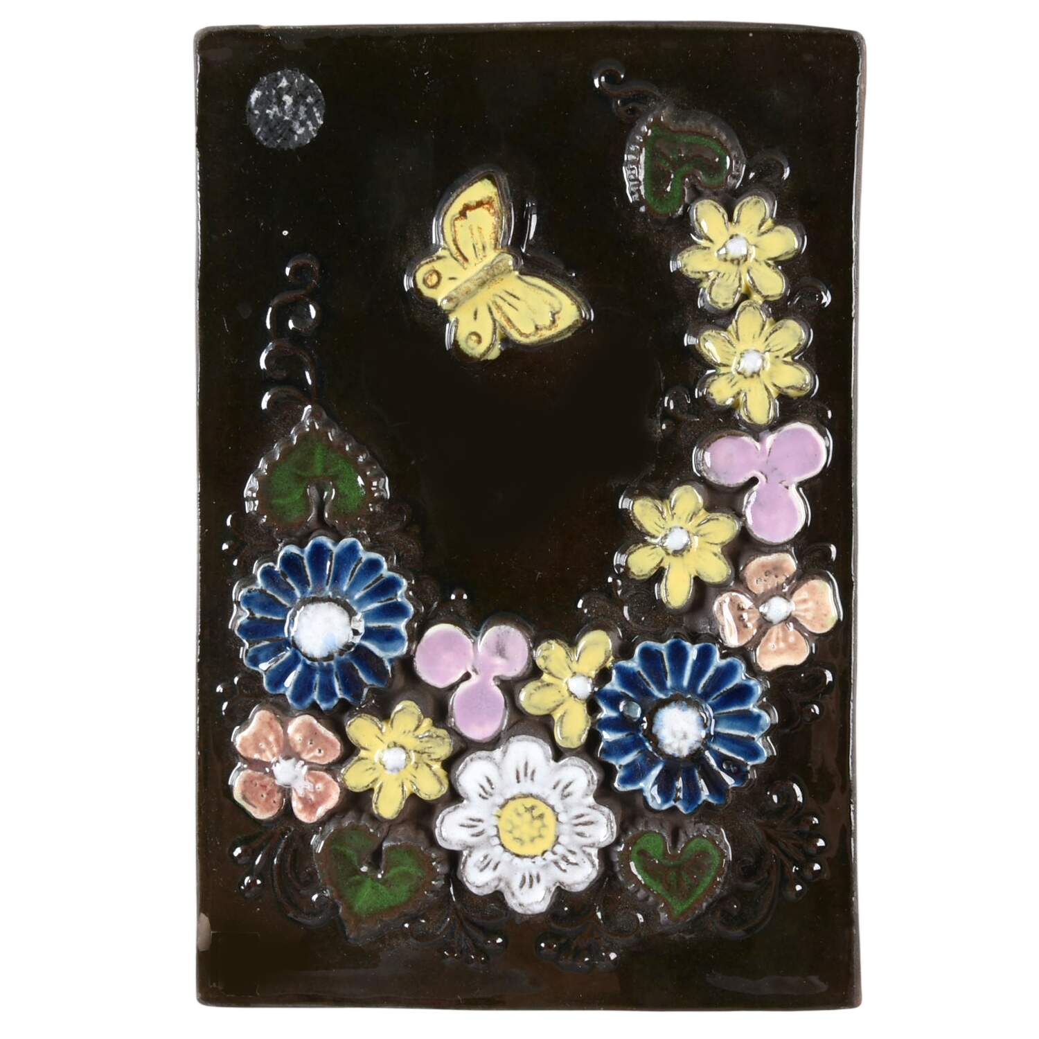 Floral Plaques Blue & Yellow Flowers, Butterfly - No Box by Jie Ceramics-1