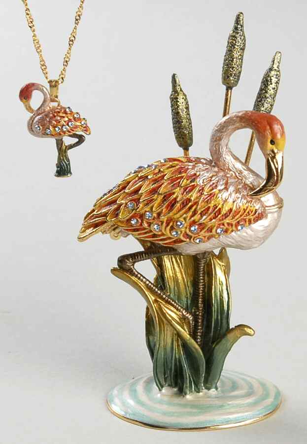 Jeweled Trinket Boxes Flamingo Box With Necklace - Boxed by Kingspoint Designs-1