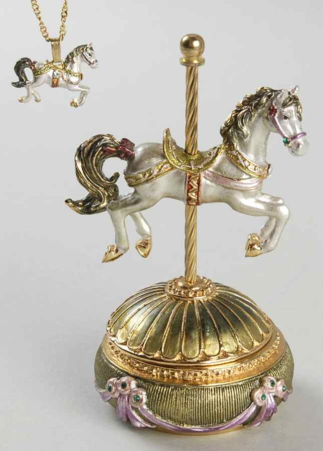 Jeweled Trinket Boxes Green Carousel Horse With Necklace - Boxed by Kingspoint Designs-1