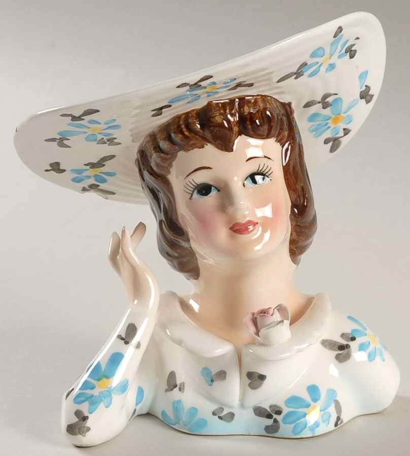 Lefton Head Vases Lady Lg Hat/Ylw Bow/Grn Dress - No Box by Lefton-1