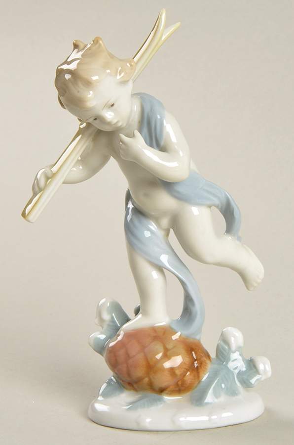 Four Seasons-Cherubs Winter-Cherub On Pinecone W/ Skis - No Box by Metzler & Ortloff-1
