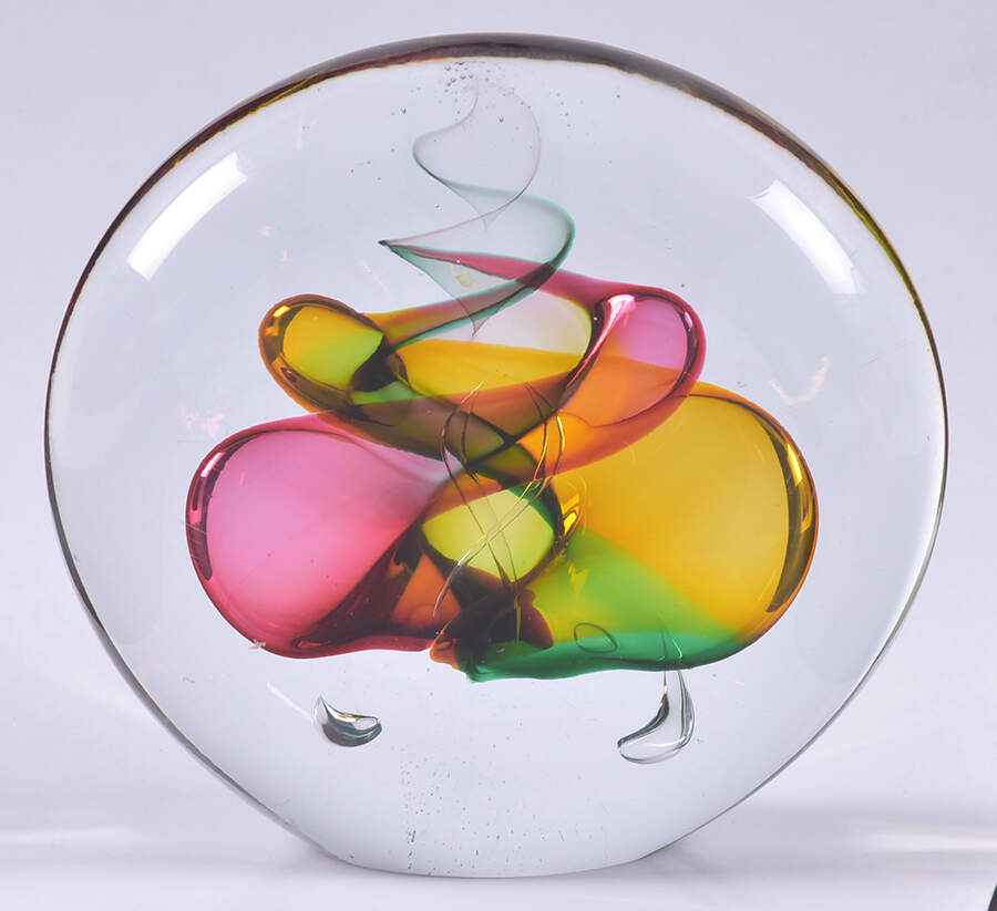 Art Glass Figurines & Paperweights Round Disk-Red,Green & Yellow Swirl - No Box by Marian Pyrcak-1