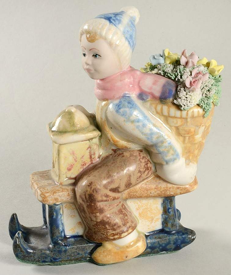 Porcelana Artistica Levantina Figurines Boy W/ Flowers On Sled - No Box by Porcelana Artistica Levantina-1