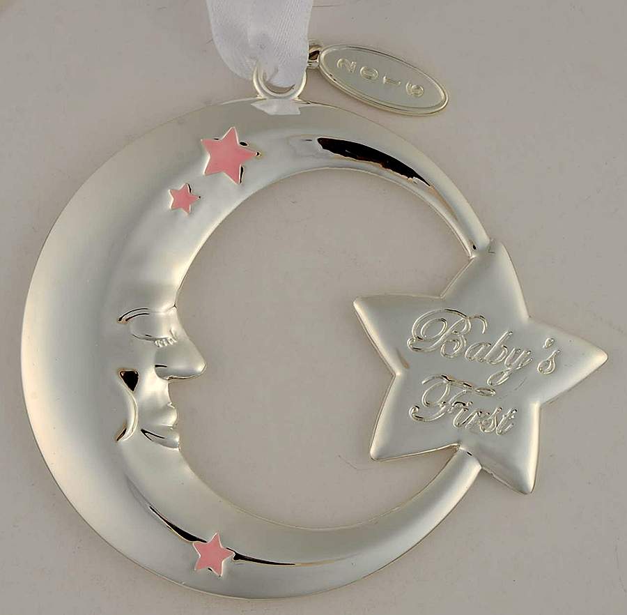 Babys First Christmas-Silverplate Moon With Pink Stars - Boxed by Reed & Barton-1