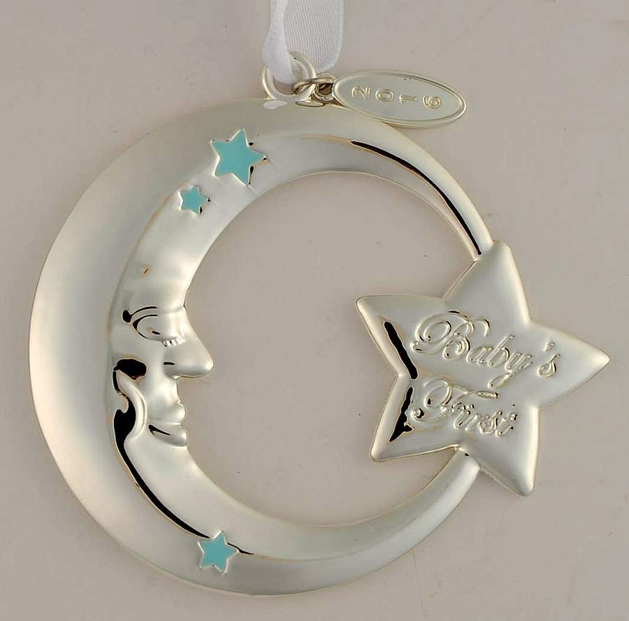 Babys First Christmas-Silverplate Moon With Blue Stars - Boxed by Reed & Barton-1