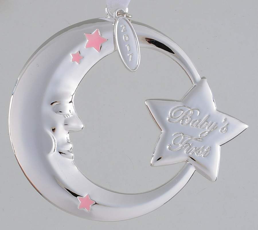Babys First Christmas-Silverplate Moon-Pink - No Box by Reed & Barton-1