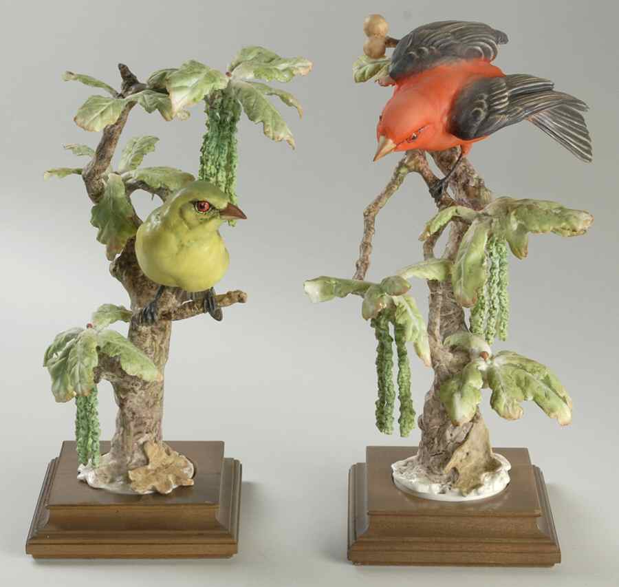 Doughty American Birds Scarlet Tanagers & White Oak Pair - No Box by Royal Worcester-1
