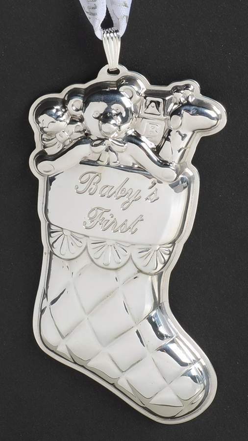 Babys First Christmas-Sterling Stocking-Year Marked Ribbon-3 1/2" H - No Box by Reed & Barton-1