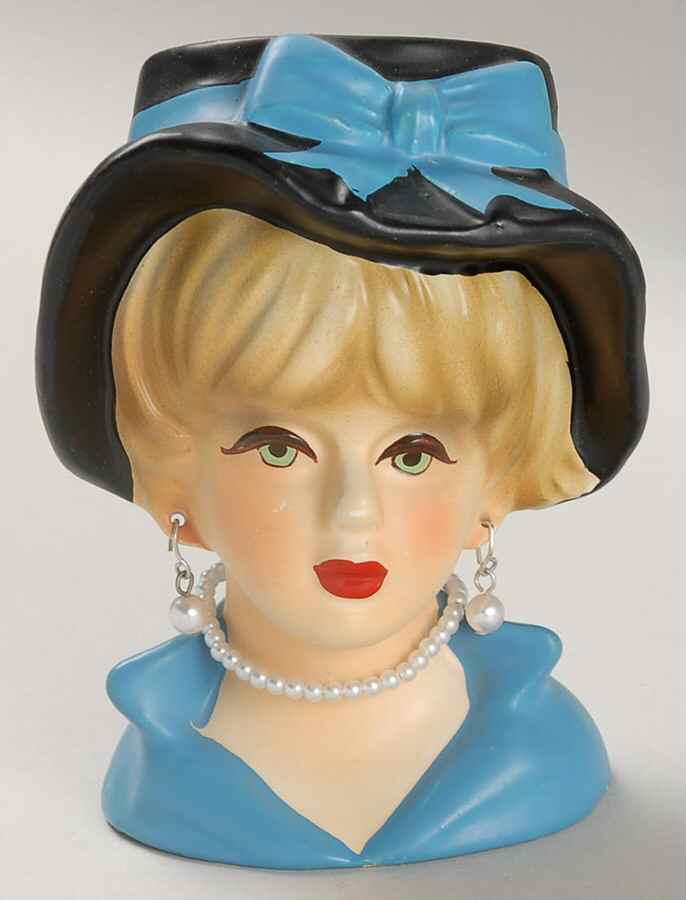 Rubens Miscellaneous Head Vase Lady Blk Hat Blue Dress Pierce - No Box by Rubens Originals-1