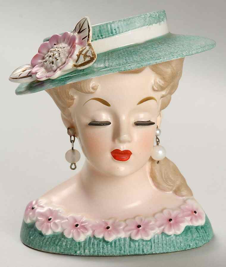 Rubens Miscellaneous Head Vase Lady Grn Hat/Drs Pink Flowers - No Box by Rubens Originals-1