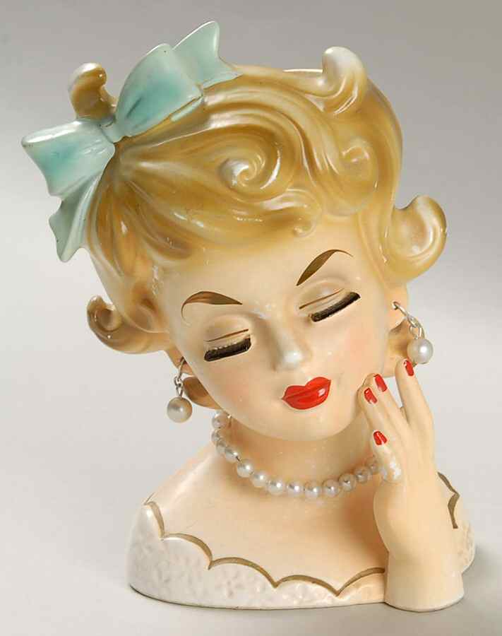 Rubens Miscellaneous Head Vase Lady Wht Drs Aqua Bow In Hair - No Box by Rubens Originals-1