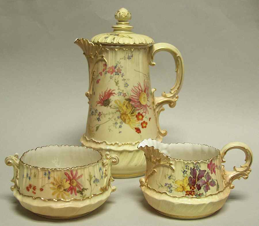 Blush Ivory Ware 3 Piece Chocolate Set-Circa 1892 - No Box by Royal Worcester-1