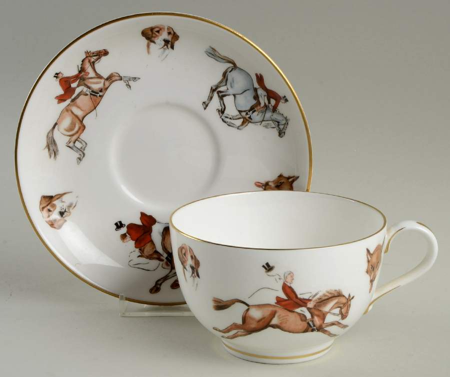 Blush Ivory Ware Pheasant Hunting Cup & Saucer - No Box by Royal Worcester-1