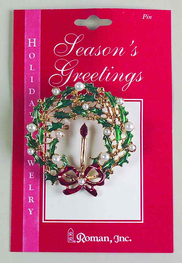 Roman Christmas Jewelry Wreath W/ Candle & White Berries Pin - No Box by Roman-1