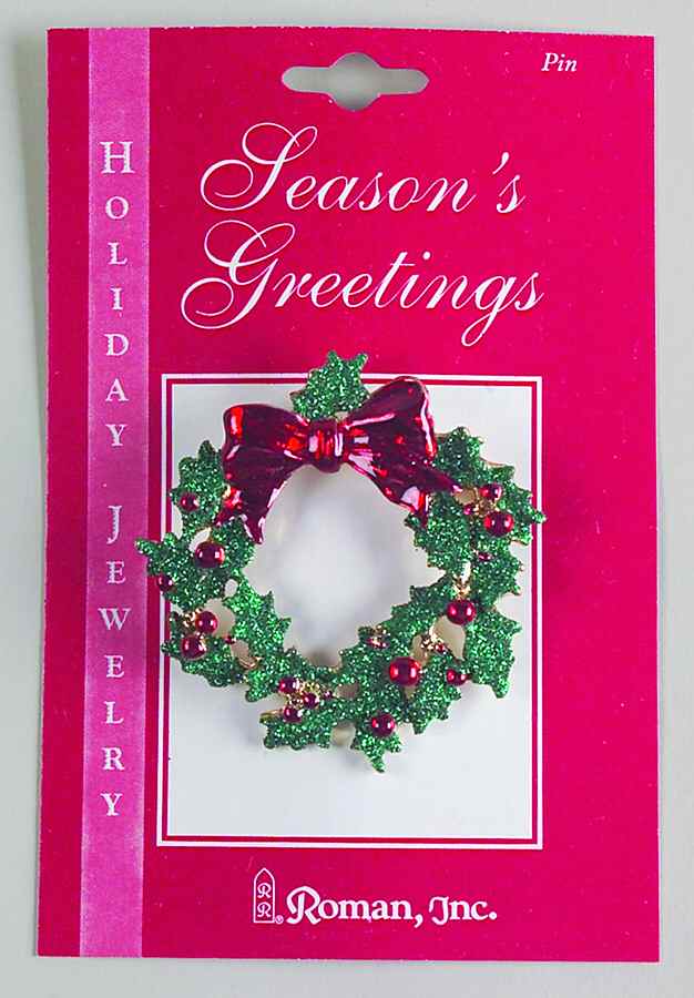 Roman Christmas Jewelry Wreath-Red Bow & Red Berries Pin - No Box by Roman-1