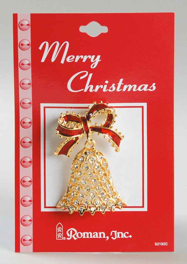 Roman Christmas Jewelry Jeweled Bell With Red Ribbon Pin - No Box by Roman-1