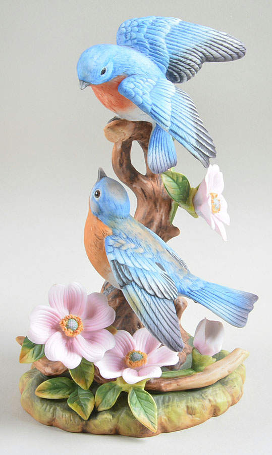 Sadek Bird Figurines Double Bluebirds W/ Pink Flowers - No Box by Sadek-1
