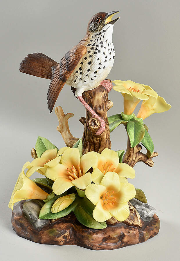 Sadek Bird Figurines Wood Thrush W/ Rhododendron - No Box by Sadek-1