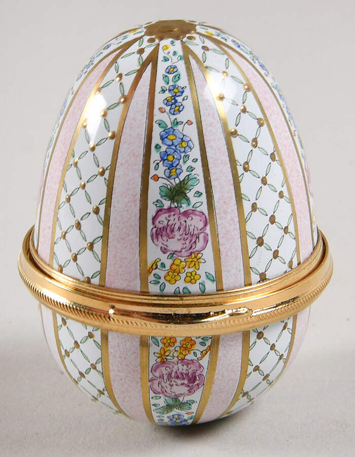 Connoisseurs Egg-Pink Stripe,Florals - With Box by Staffordshire Enamels-1