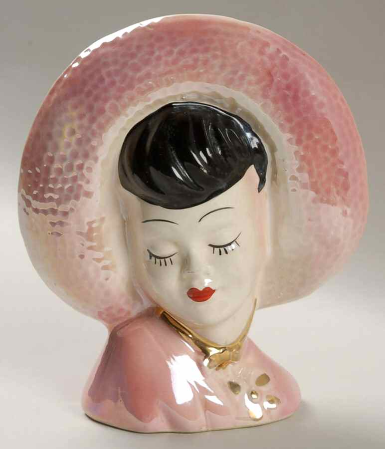 Stanford Pottery Head Vase Lady Pink Irrdscnt Gld Ncklace - No Box by Stanford-1