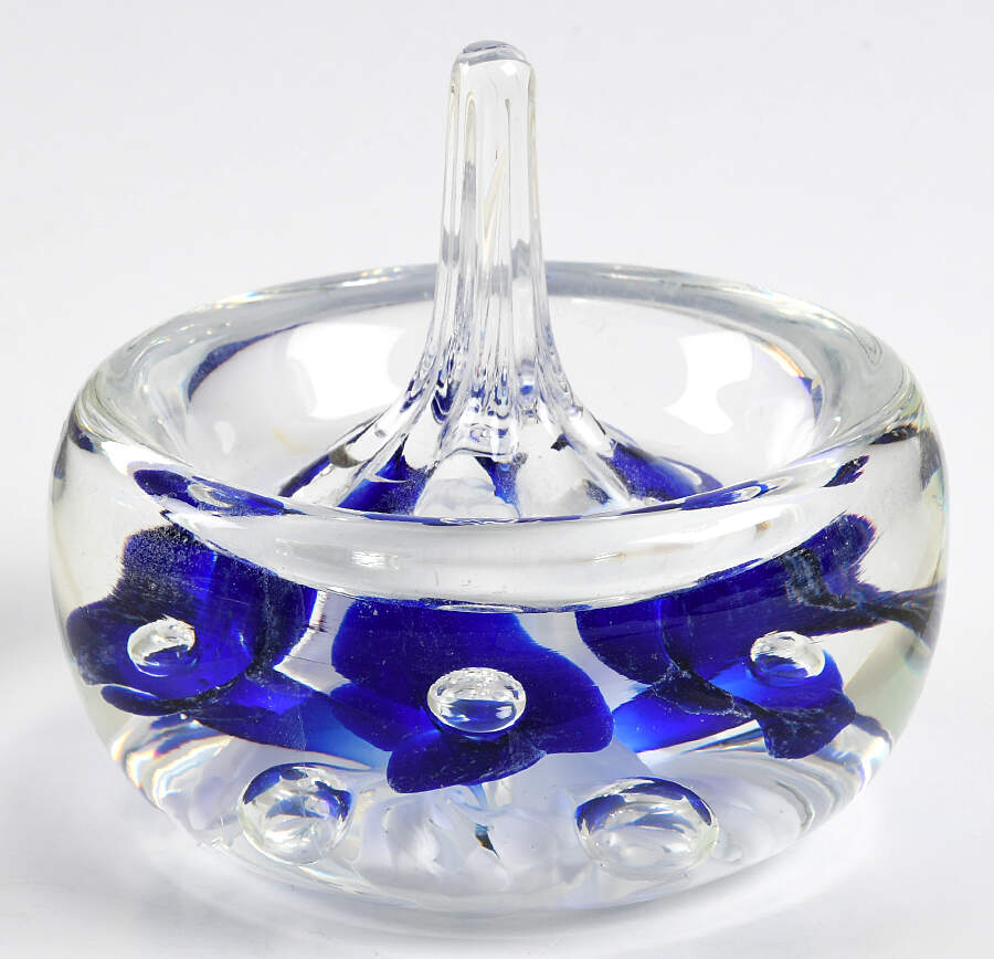 Paperweight Blue Floral Round Ring Holder - No Box by St. Clair Crystal-1