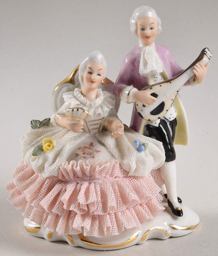 Dresden Lace Figurines Woman In Chair,Man With Lute - No Box by Sandizell-1