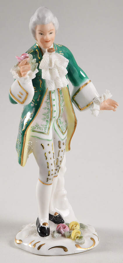Dresden Lace Figurines Man In Green Coat Holding Rose - Boxed by Sandizell-1