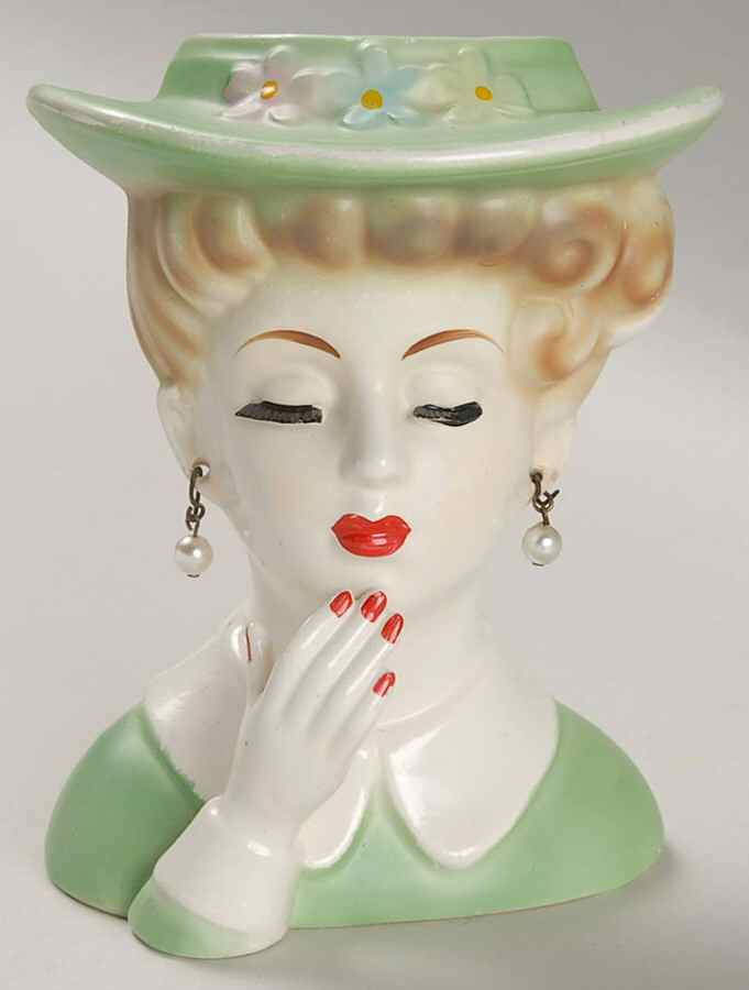 Trimont Miscellaneous Head Vase Lady Grn Hat & Drss Pierced Ea - No Box by Trimont (Japan)-1