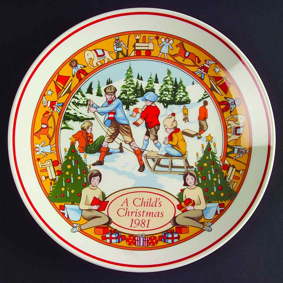 Childs Christmas Plate-Queensware Children Sledding - No Box by Wedgwood-1