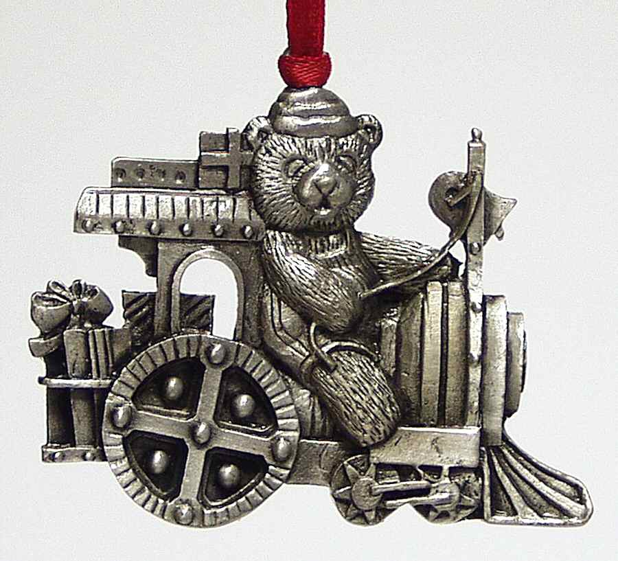 Wallace Pewter Christmas Ornament Teddy Bear Riding Train - Boxed by Wallace Silver-1