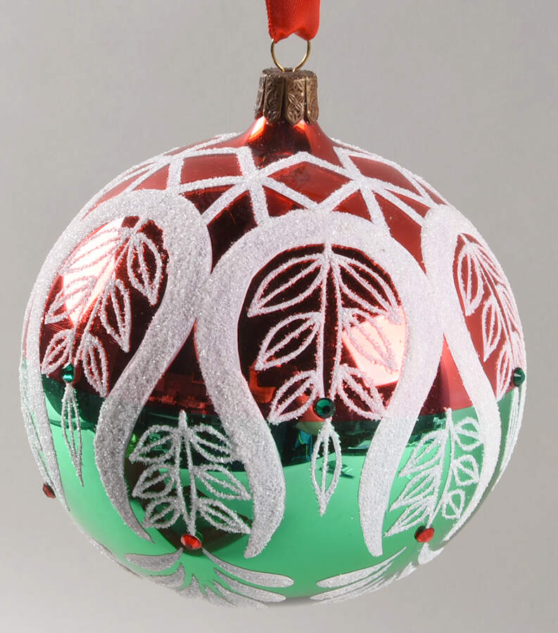 Red and Green with White, Silver Shimmering Peacock Ball - Boxed by Waterford Crystal-1